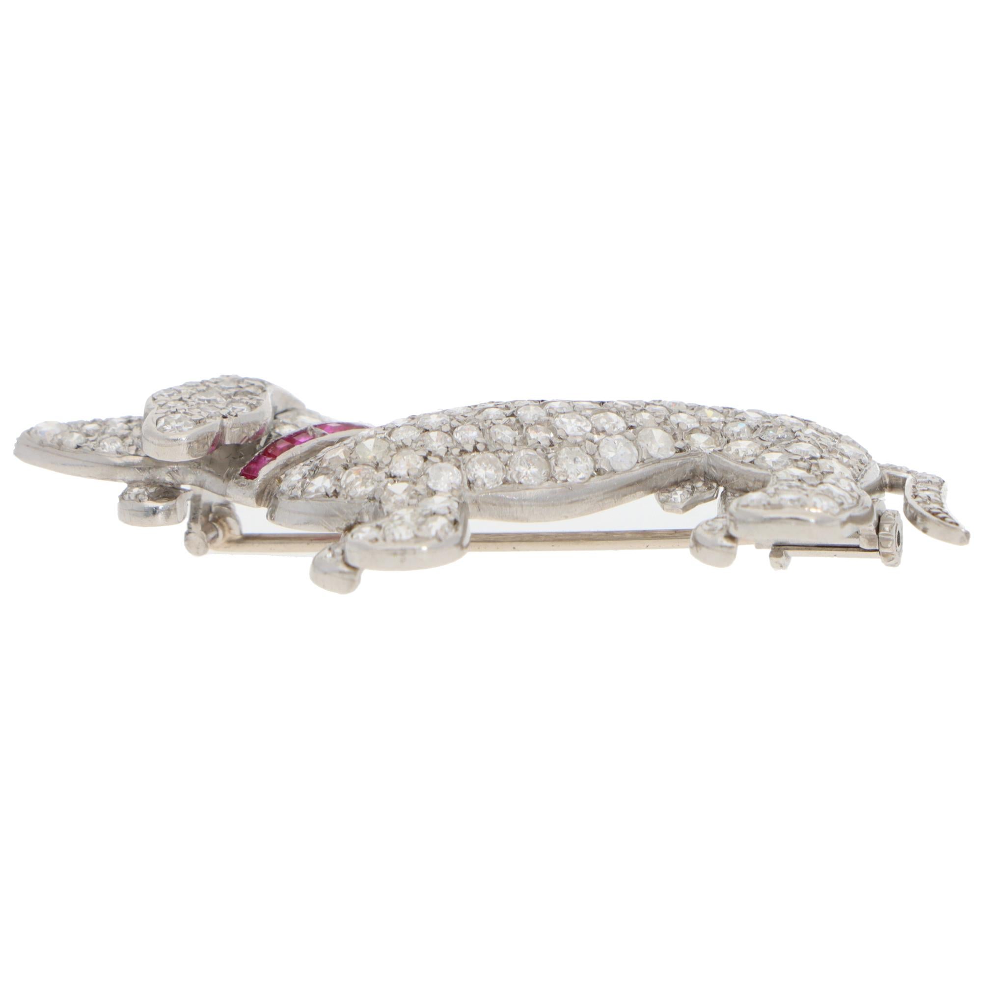 Round Cut Vintage 1920s Diamond and Ruby Dog Brooch in Platinum For Sale