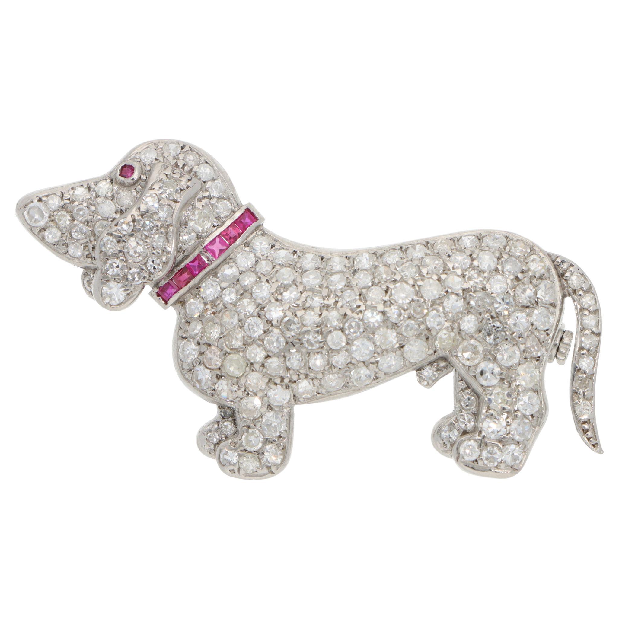 Vintage 1920s Diamond and Ruby Dog Brooch in Platinum For Sale