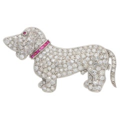 Vintage 1920s Diamond and Ruby Dog Brooch in Platinum