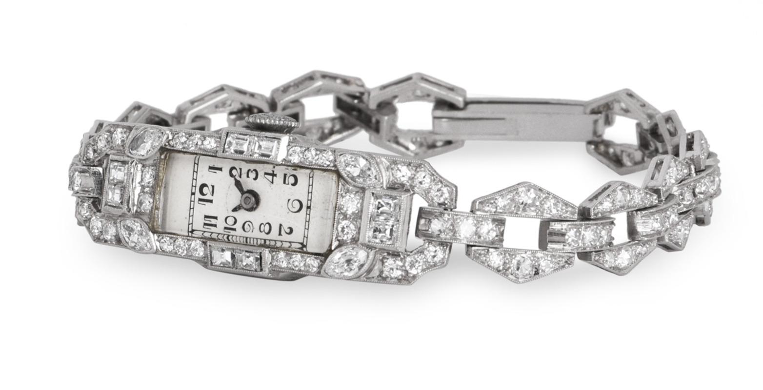 Vintage 1920er Jahre Diamond Set Silber Zifferblatt Platin Cocktail Armbanduhr Damen im Angebot