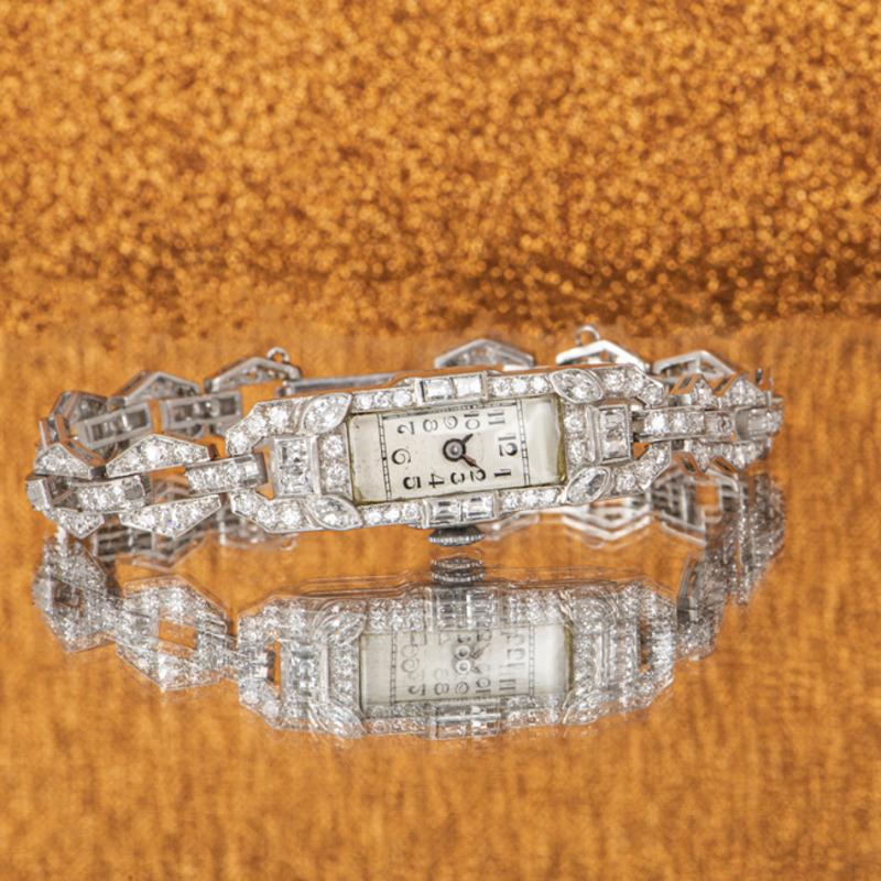 Vintage 1920er Jahre Diamond Set Silber Zifferblatt Platin Cocktail Armbanduhr im Angebot 4