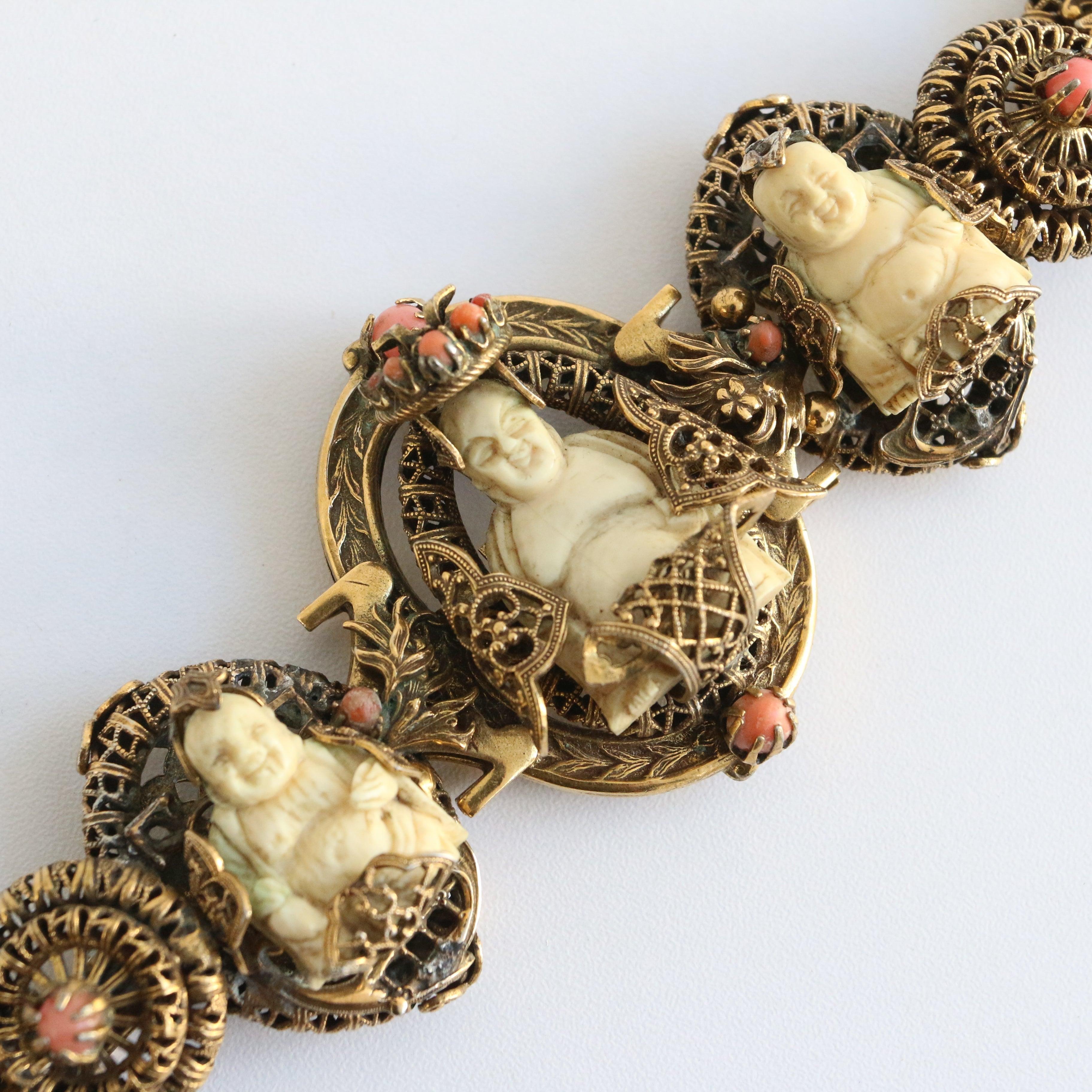 Women's Vintage 1920's Filigree Brass & Coral Trikaya Buddha Bracelet For Sale
