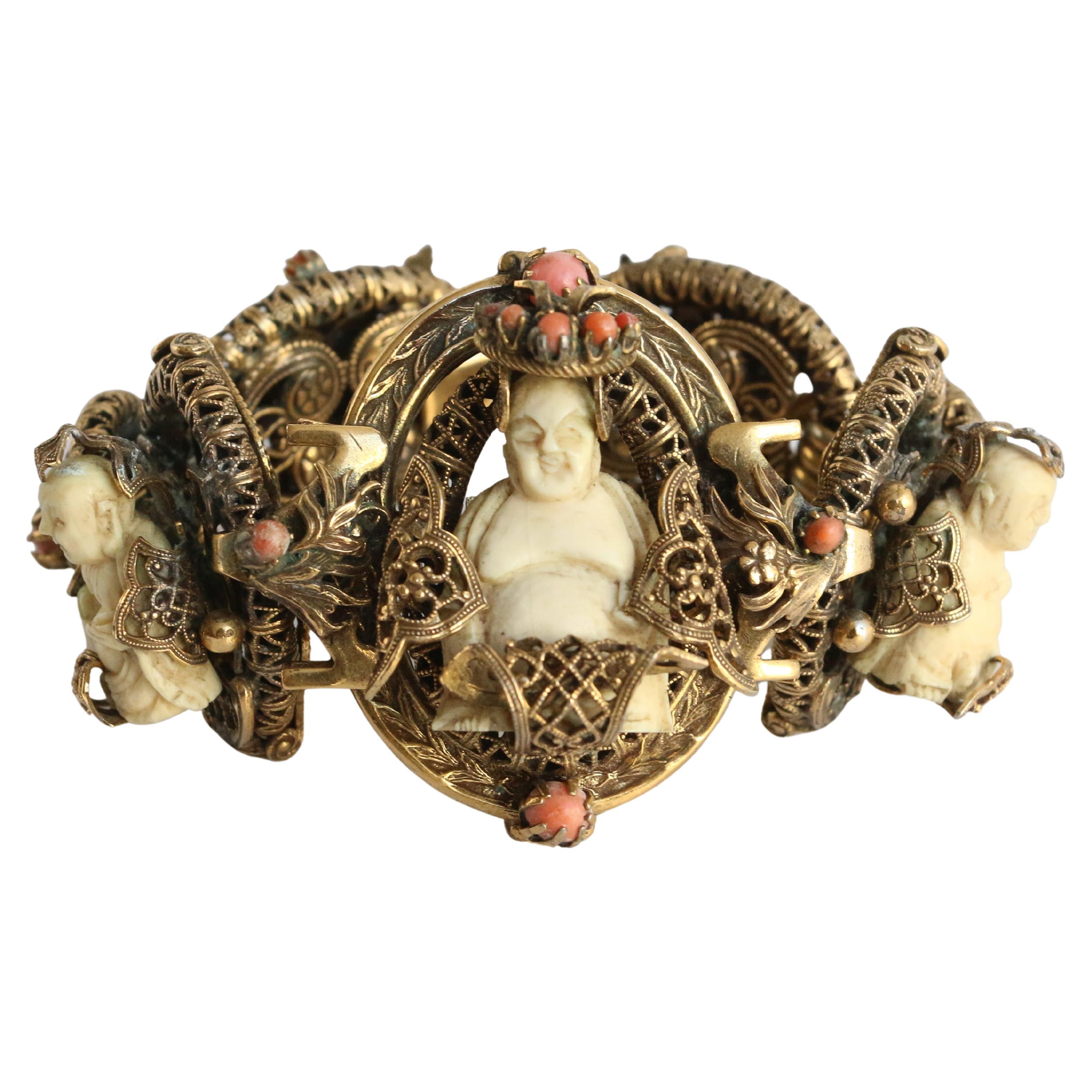 Vintage 1920's Filigree Brass & Coral Trikaya Buddha Bracelet For Sale