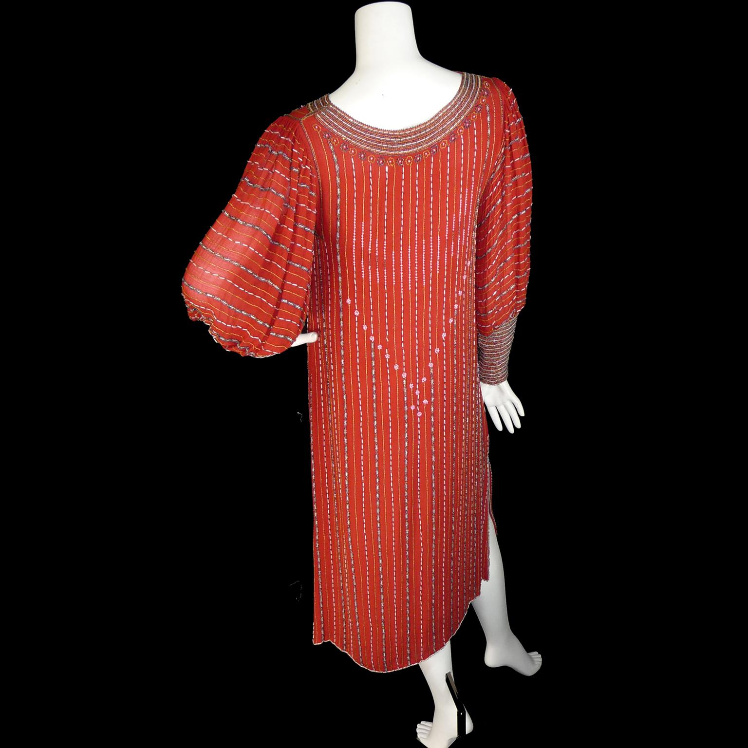 Vintage 1920s Flapper Style Finely Beaded Red Silk Dress W Original Belt  For Sale 3