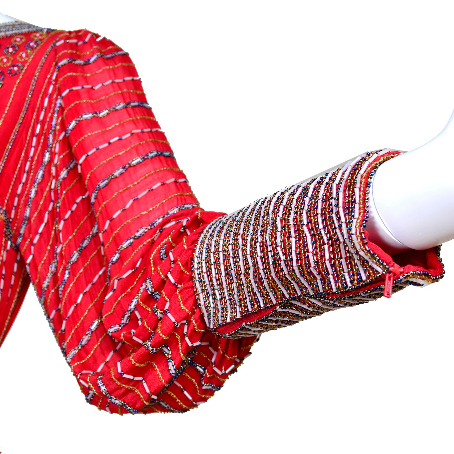 Vintage 1920s Flapper Style Finely Beaded Red Silk Dress W Original Belt For Sale 5