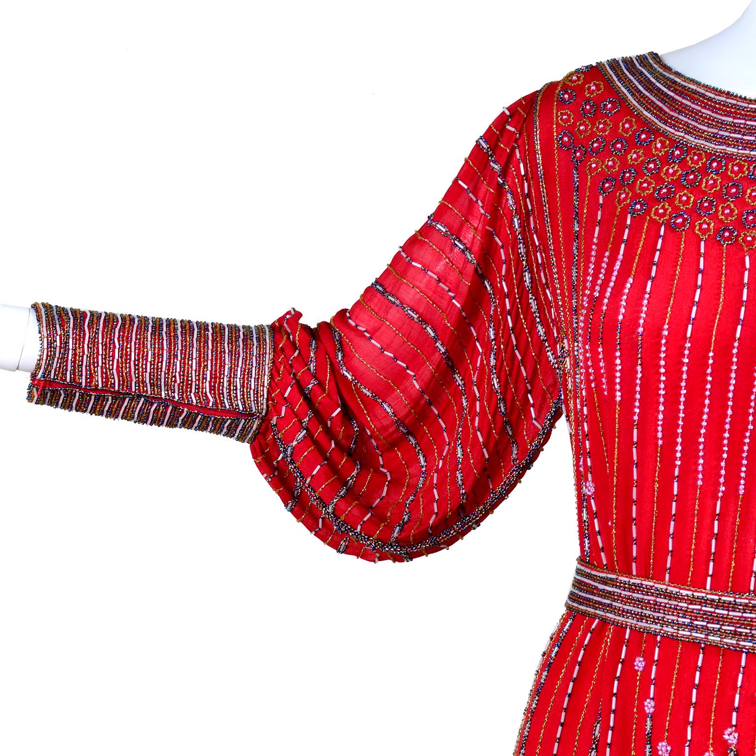 Vintage 1920s Flapper Style Finely Beaded Red Silk Dress W Original Belt For Sale 6