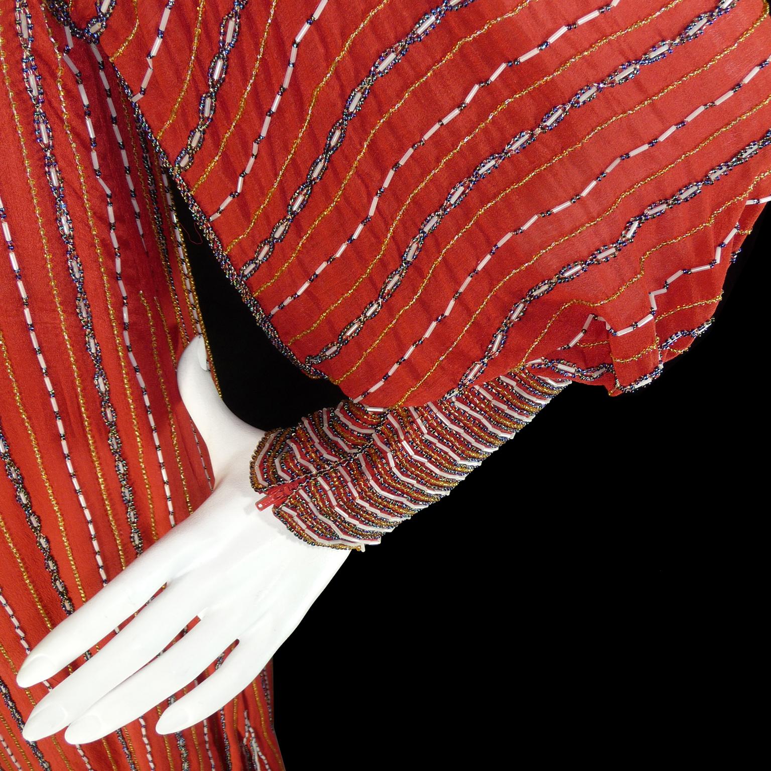 Vintage 1920s Flapper Style Finely Beaded Red Silk Dress W Original Belt For Sale 7