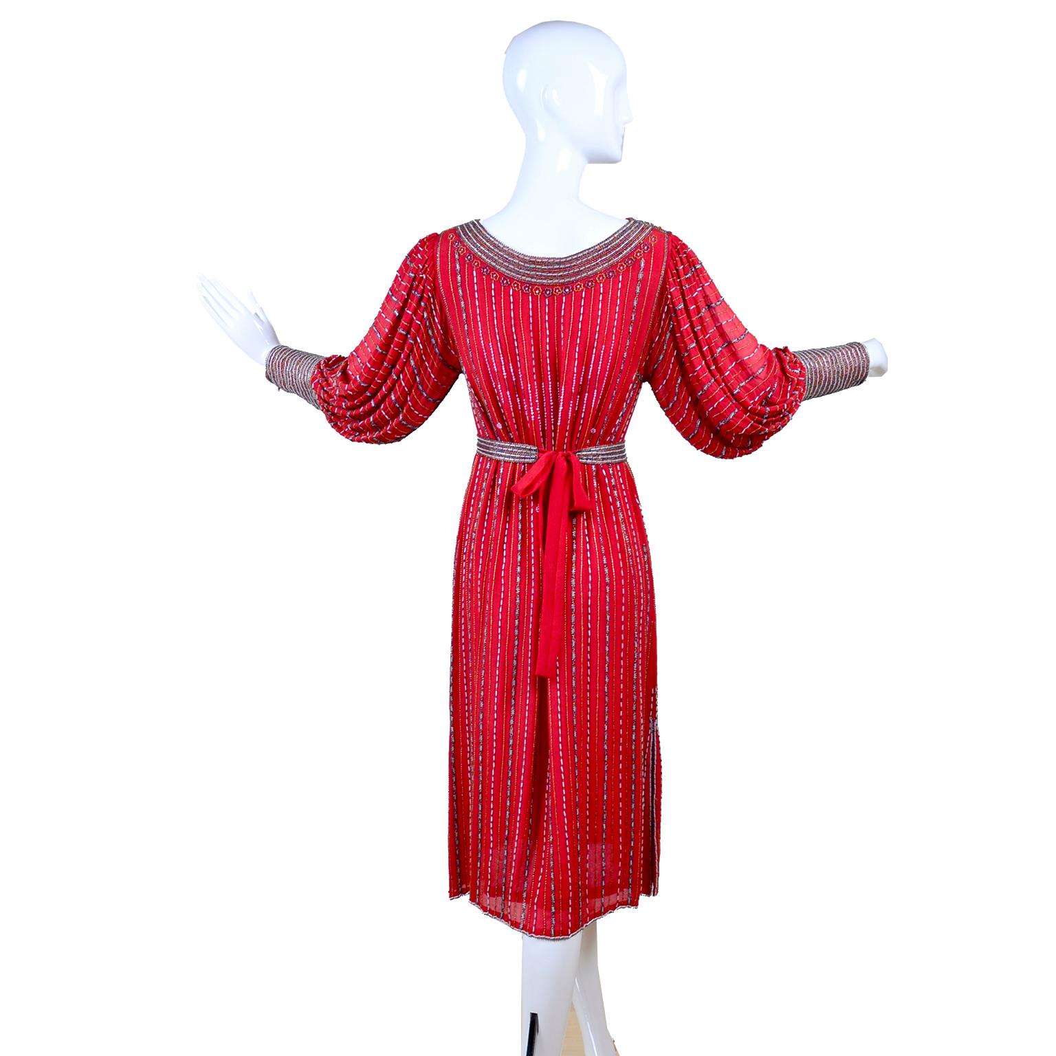 Women's Vintage 1920s Flapper Style Finely Beaded Red Silk Dress W Original Belt  For Sale