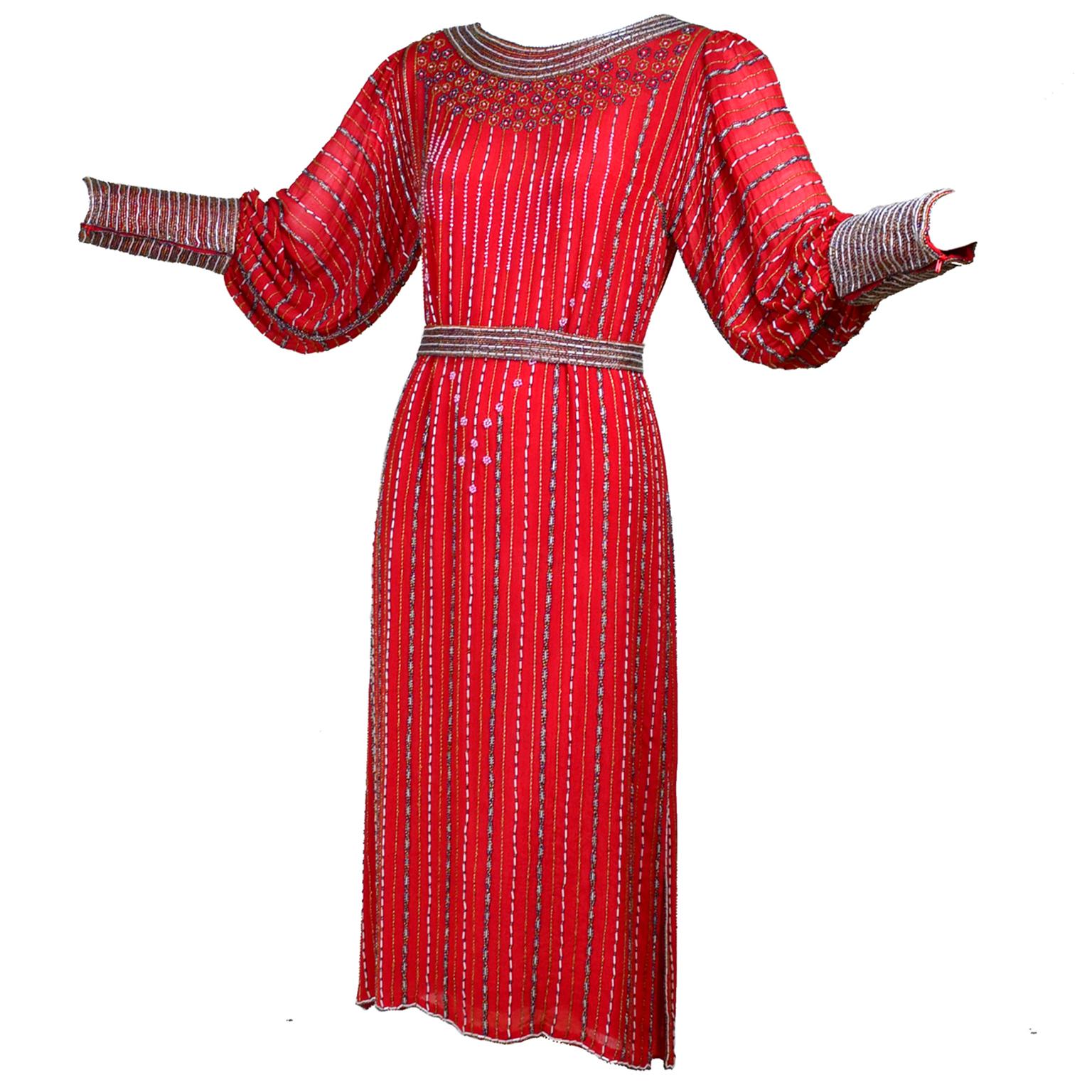 Vintage 1920s Flapper Style Finely Beaded Red Silk Dress W Original Belt  For Sale 1