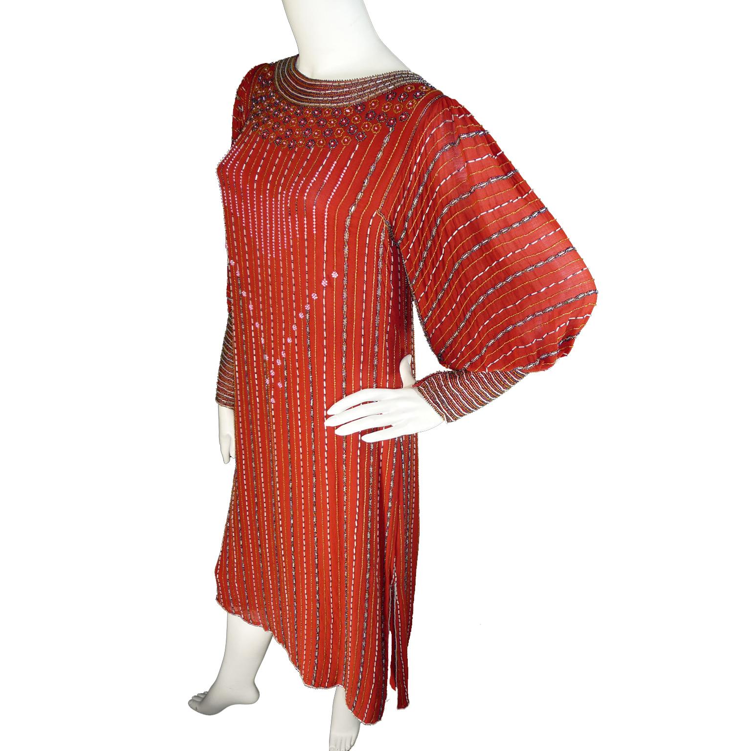 Vintage 1920s Flapper Style Finely Beaded Red Silk Dress W Original Belt  For Sale 2