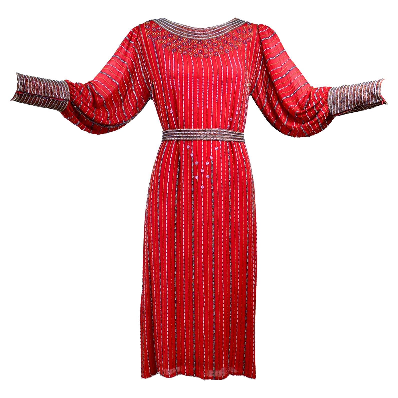 Vintage 1920s Flapper Style Finely Beaded Red Silk Dress W Original Belt  For Sale