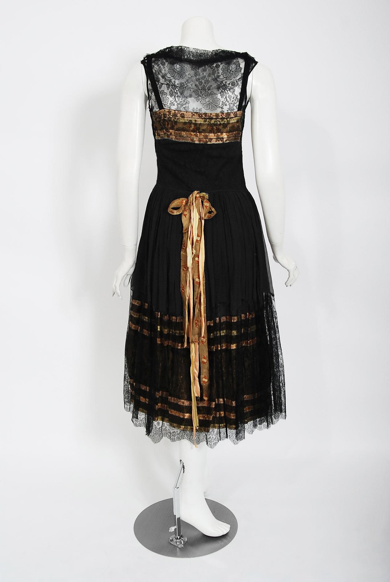 Vintage 1920's Floral Embroidered Appliqué Black Silk & Lace Robe De Style Dress 4
