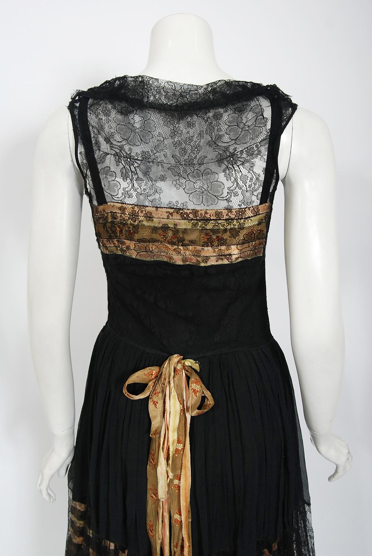 Vintage 1920's Floral Embroidered Appliqué Black Silk & Lace Robe De Style Dress 5