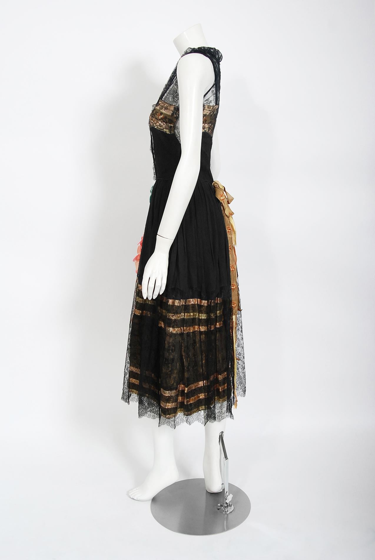 Vintage 1920's Floral Embroidered Appliqué Black Silk & Lace Robe De Style Dress 1
