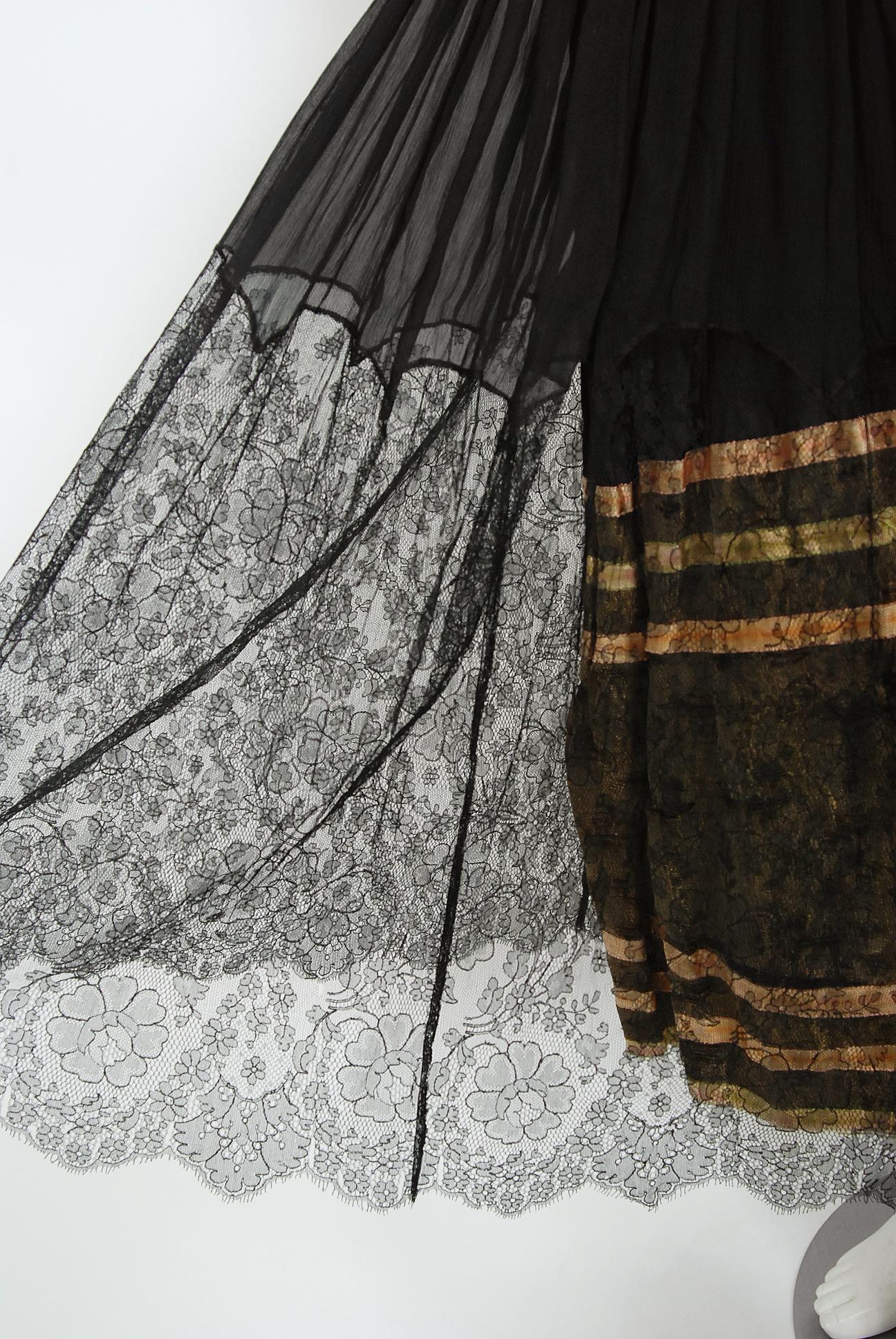 Vintage 1920's Floral Embroidered Appliqué Black Silk & Lace Robe De Style Dress 2