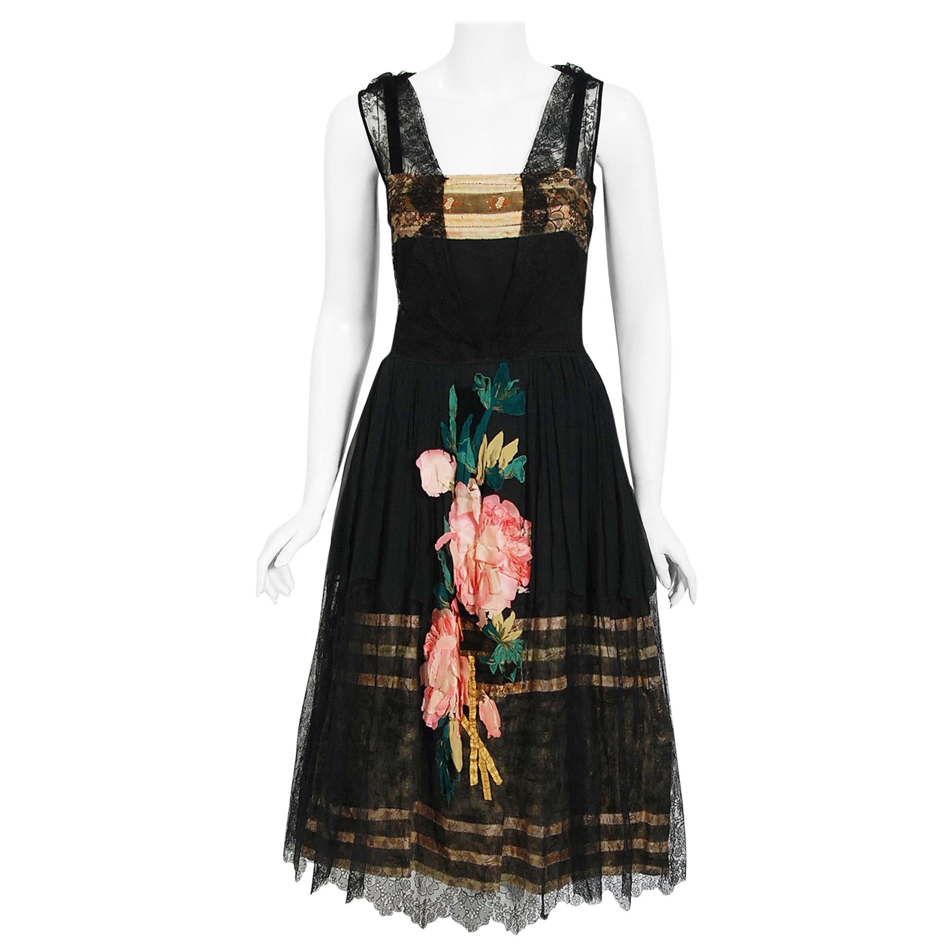 Vintage 1920's Floral Embroidered Appliqué Black Silk & Lace Robe De Style Dress