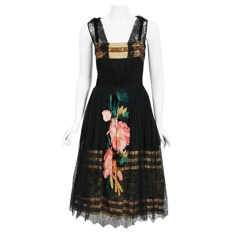 Vintage 1920's Floral Embroidered Appliqu Black Silk and Lace Robe De  Style Dress at 1stDibs | robe de style 1920s, 1920s robe de style, 1920s  style shoes