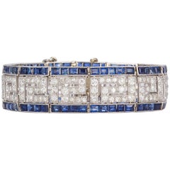 Vintage 1920s French Art Deco Greek Key Platinum, Diamond and Sapphire Bracelet