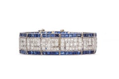 Vintage 1920s French Art Deco Greek Key Platinum, Diamond and Sapphire Bracelet