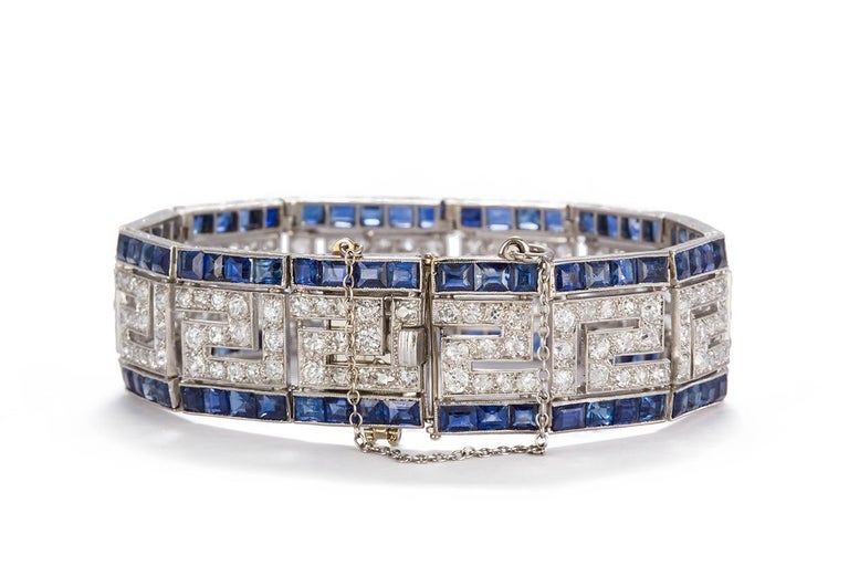 Vintage 1920s French Art Deco Greek Key Platinum, Diamond and Sapphire ...