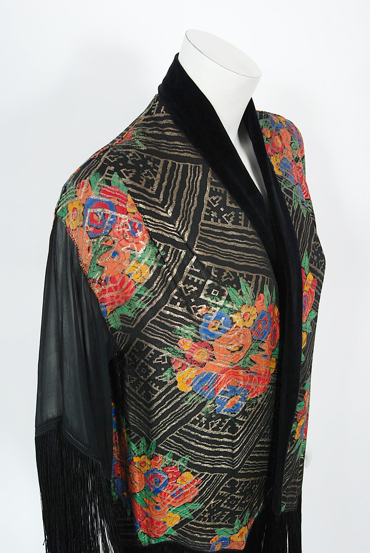 Vintage 1920's French Colorful Floral Silk Lamé Flapper Fringe Art Deco Jacket 7