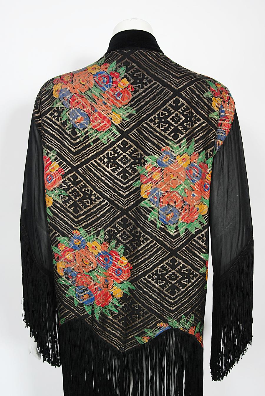 Vintage 1920's French Colorful Floral Silk Lamé Flapper Fringe Art Deco Jacket 9