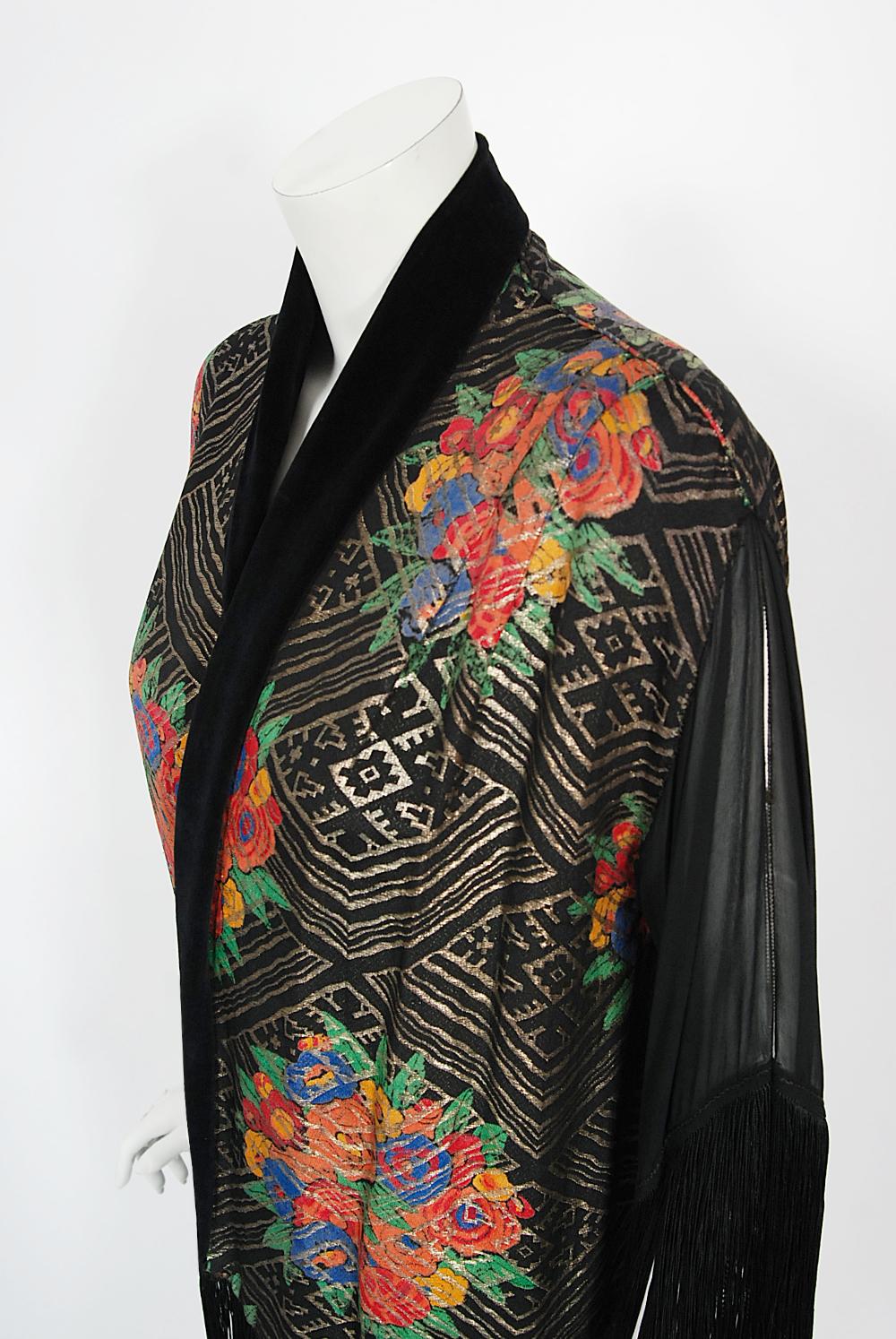 Vintage 1920's French Colorful Floral Silk Lamé Flapper Fringe Art Deco Jacket 1