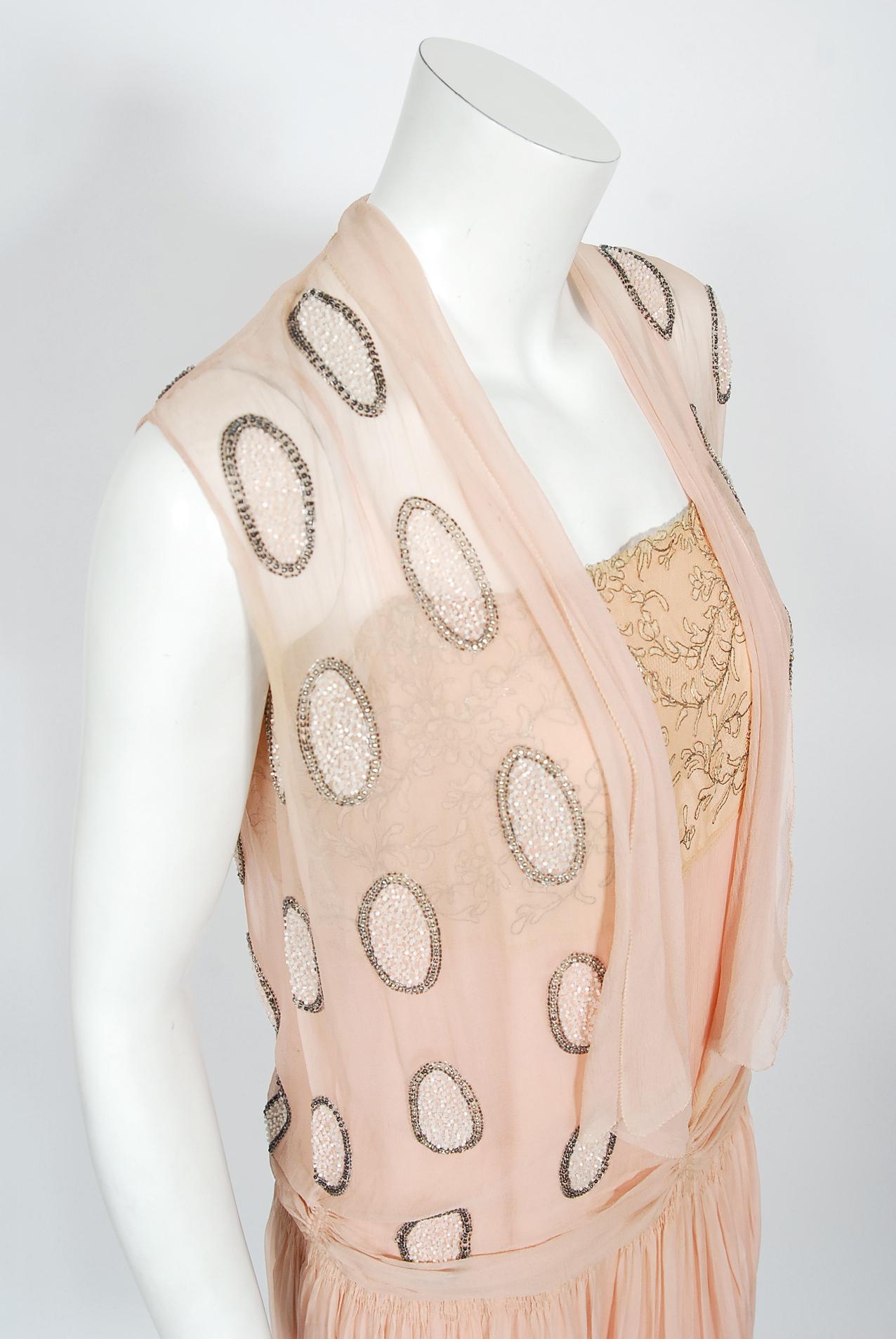 Vintage 1920's French Couture Pink Beaded Deco Dots Silk-Chiffon Flapper Dress For Sale 6