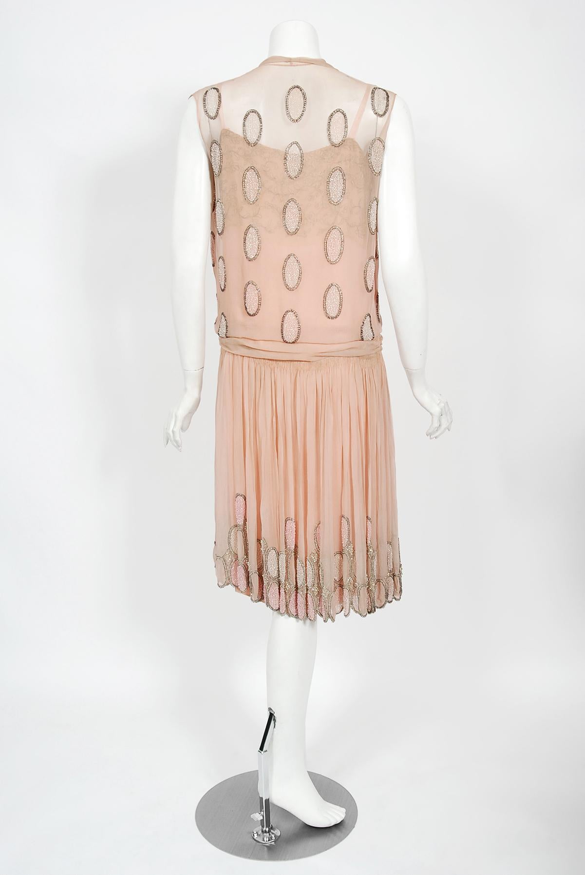 Vintage 1920's French Couture Pink Beaded Deco Dots Silk-Chiffon Flapper Dress For Sale 7
