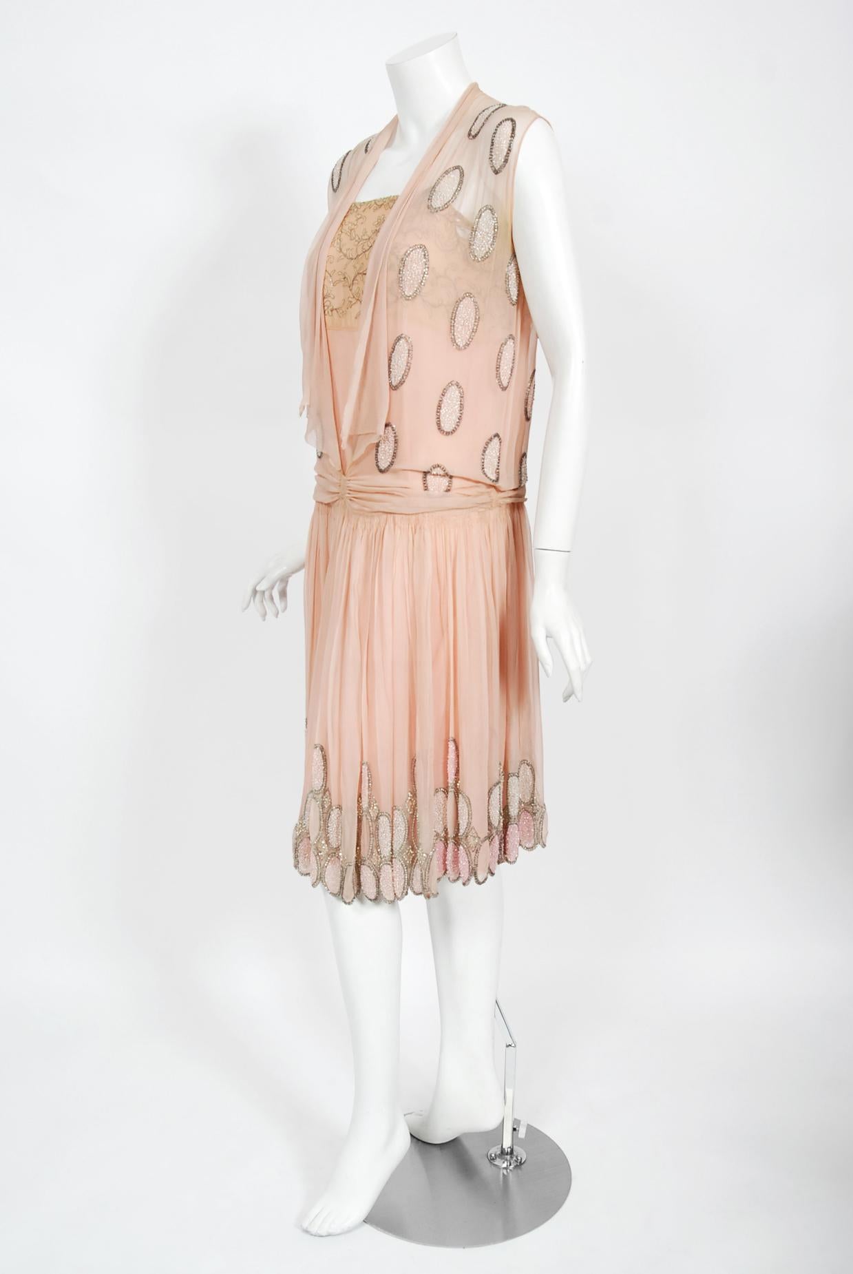 Vintage 1920's French Couture Pink Beaded Deco Dots Silk-Chiffon Flapper Dress In Good Condition For Sale In Beverly Hills, CA