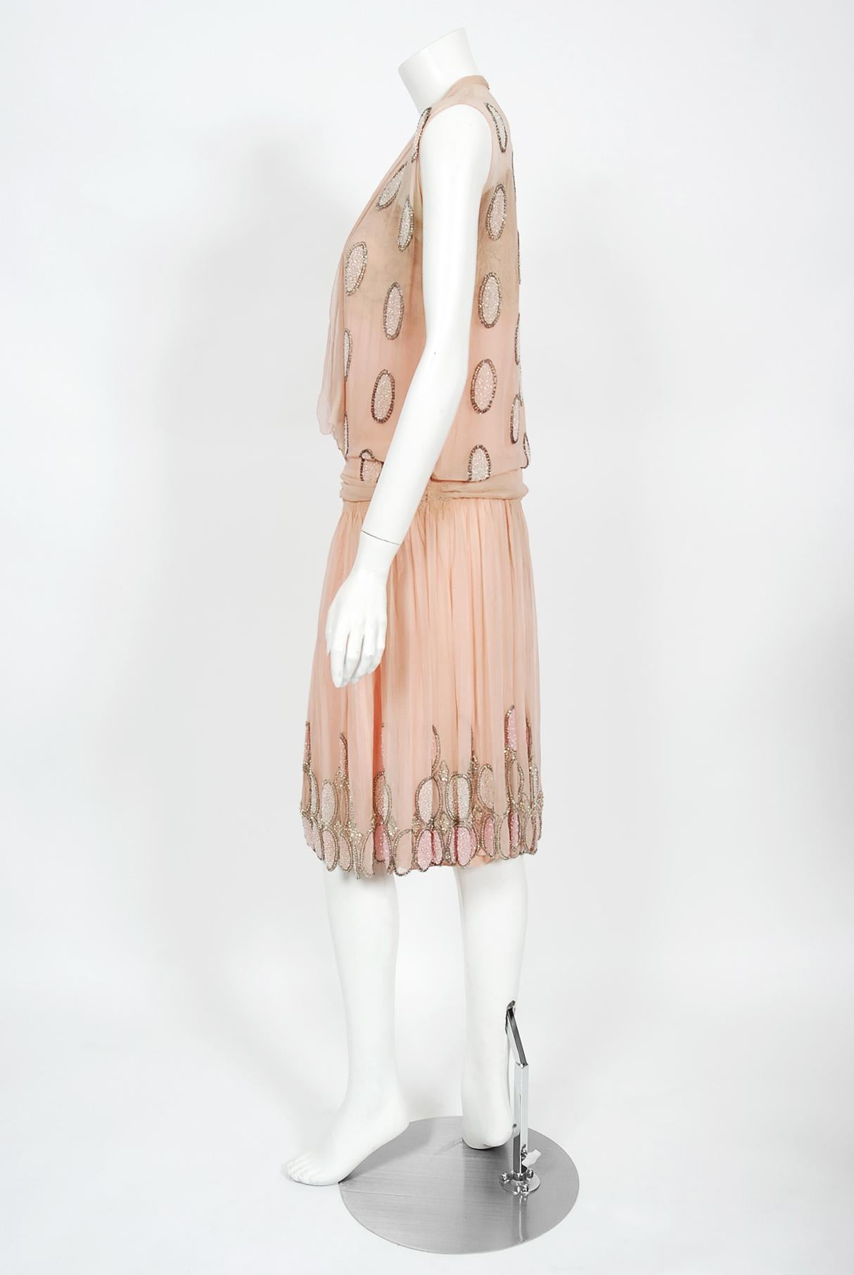 Vintage 1920's French Couture Pink Beaded Deco Dots Silk-Chiffon Flapper Dress For Sale 2