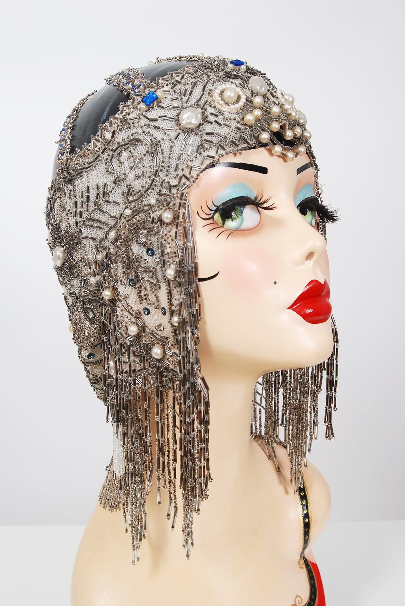 Women's Vintage 1920's French Couture Deco Pearl Beaded Sequin Fringe Flapper Headpiece 