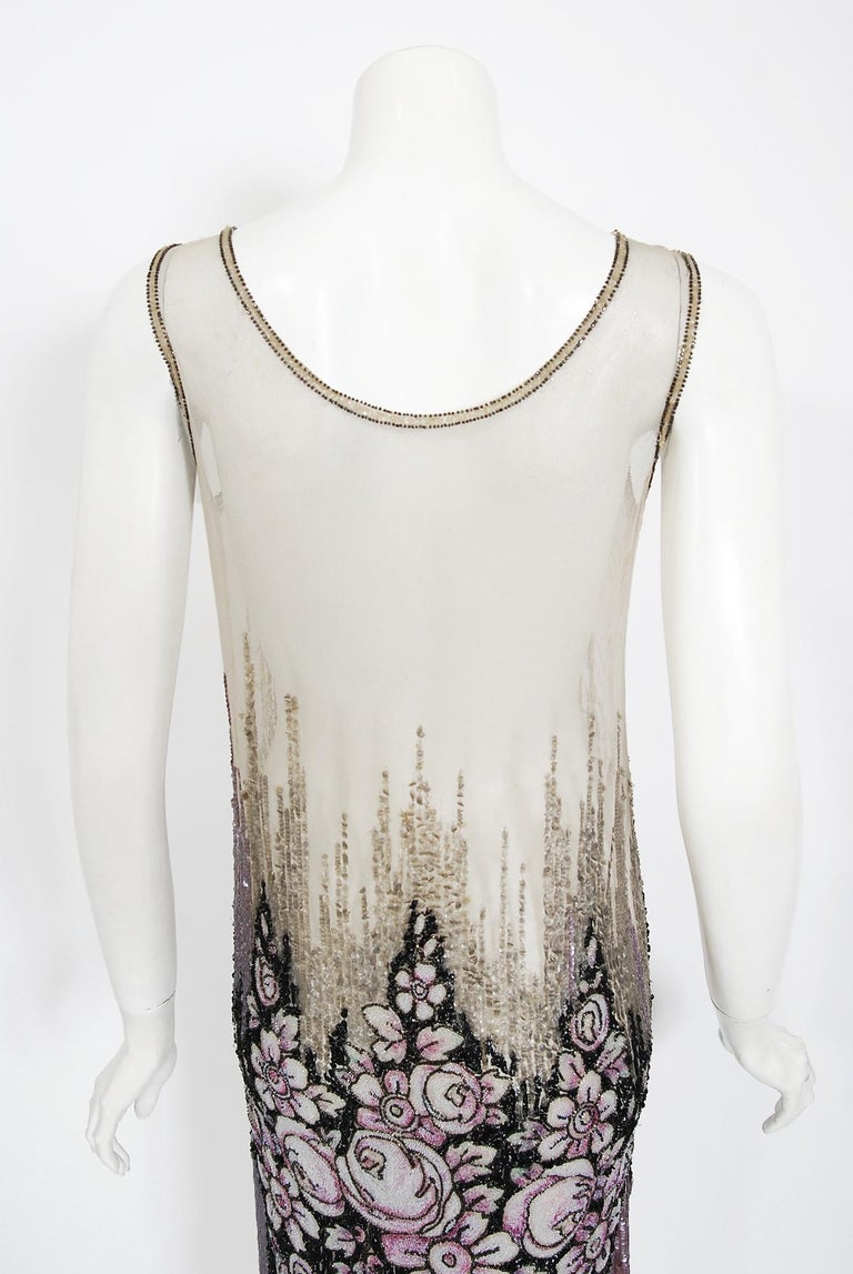 Vintage 1920's French Couture Floral Beaded Sequin Cotton-Net Flapper Deco Dress For Sale 5