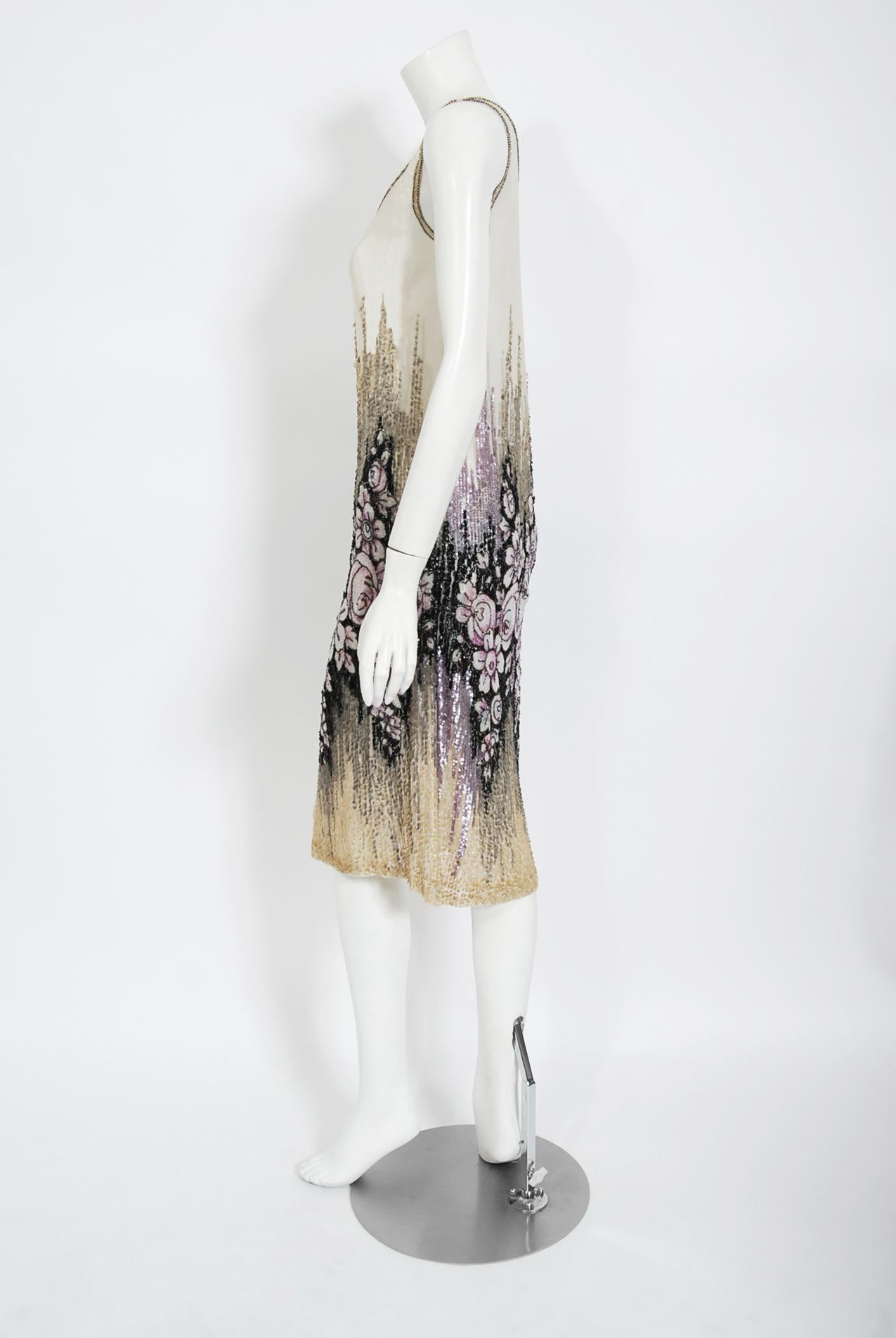 Vintage 1920's French Couture Floral Beaded Sequin Cotton-Net Flapper Deco Dress In Good Condition In Beverly Hills, CA