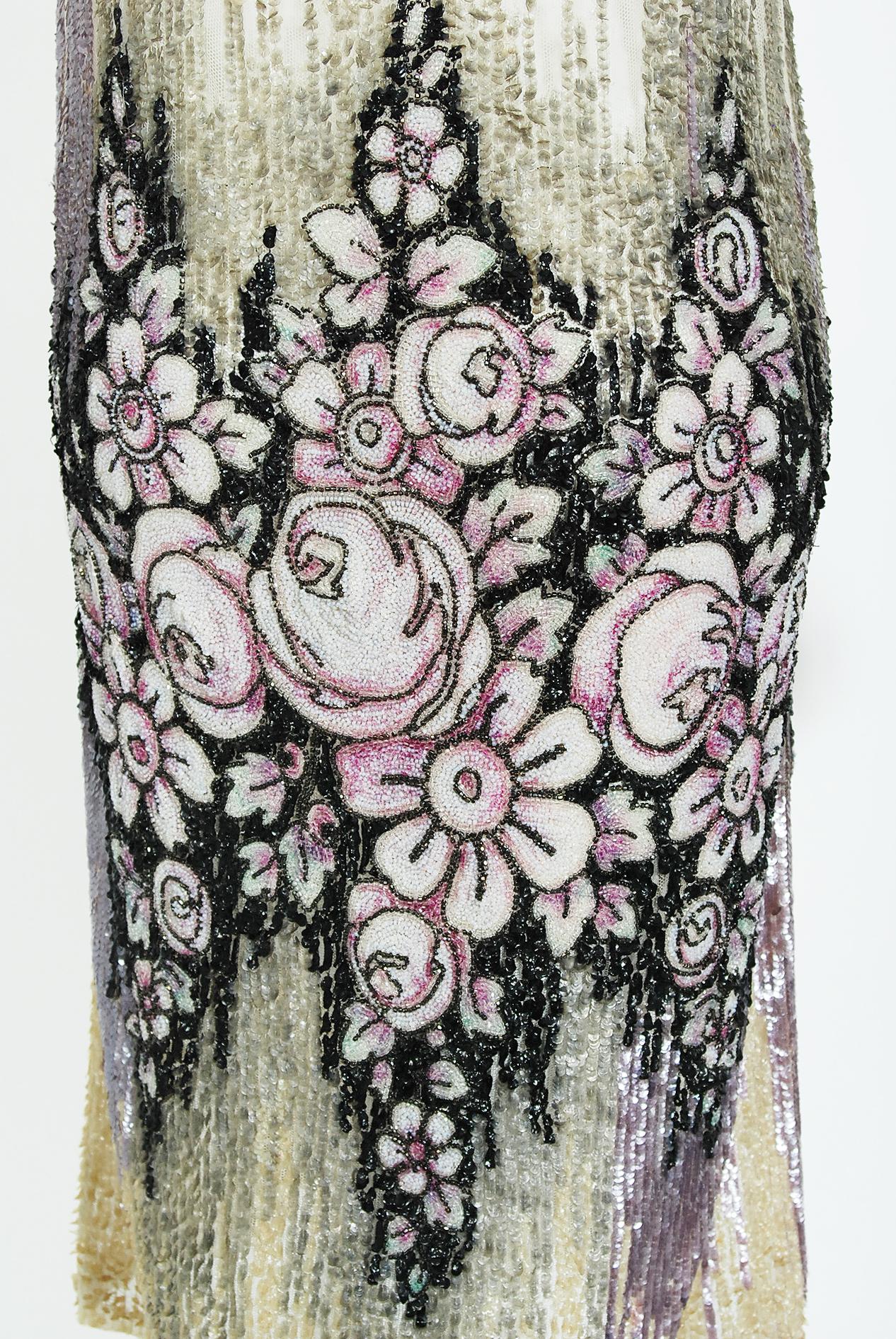 Vintage 1920's French Couture Floral Beaded Sequin Cotton-Net Flapper Deco Dress 1