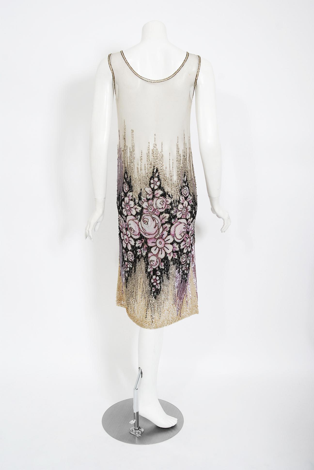 Vintage 1920's French Couture Floral Beaded Sequin Cotton-Net Flapper Deco Dress 2