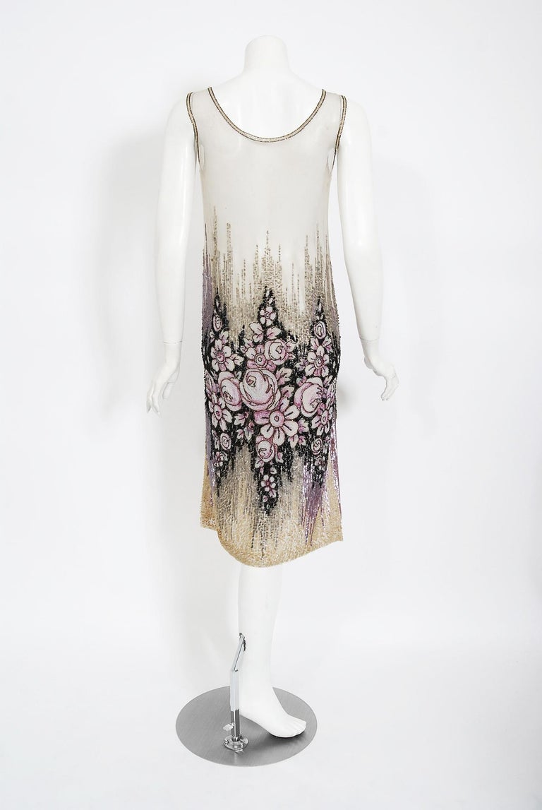 Vintage 1920's French Couture Floral Beaded Sequin Cotton-Net Flapper Deco Dress For Sale 4