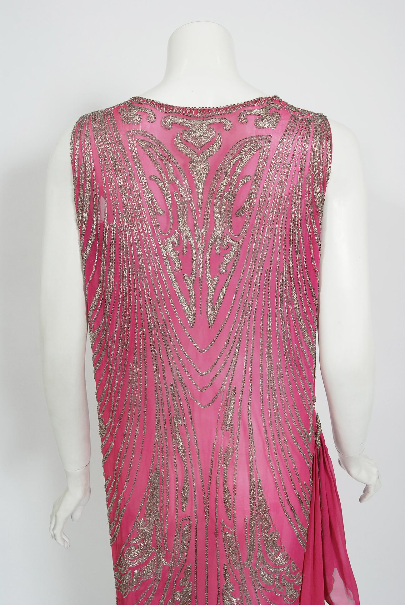 Vintage 1920's French Couture Fuchsia Pink Beaded Embroidered Silk Flapper Dress 3