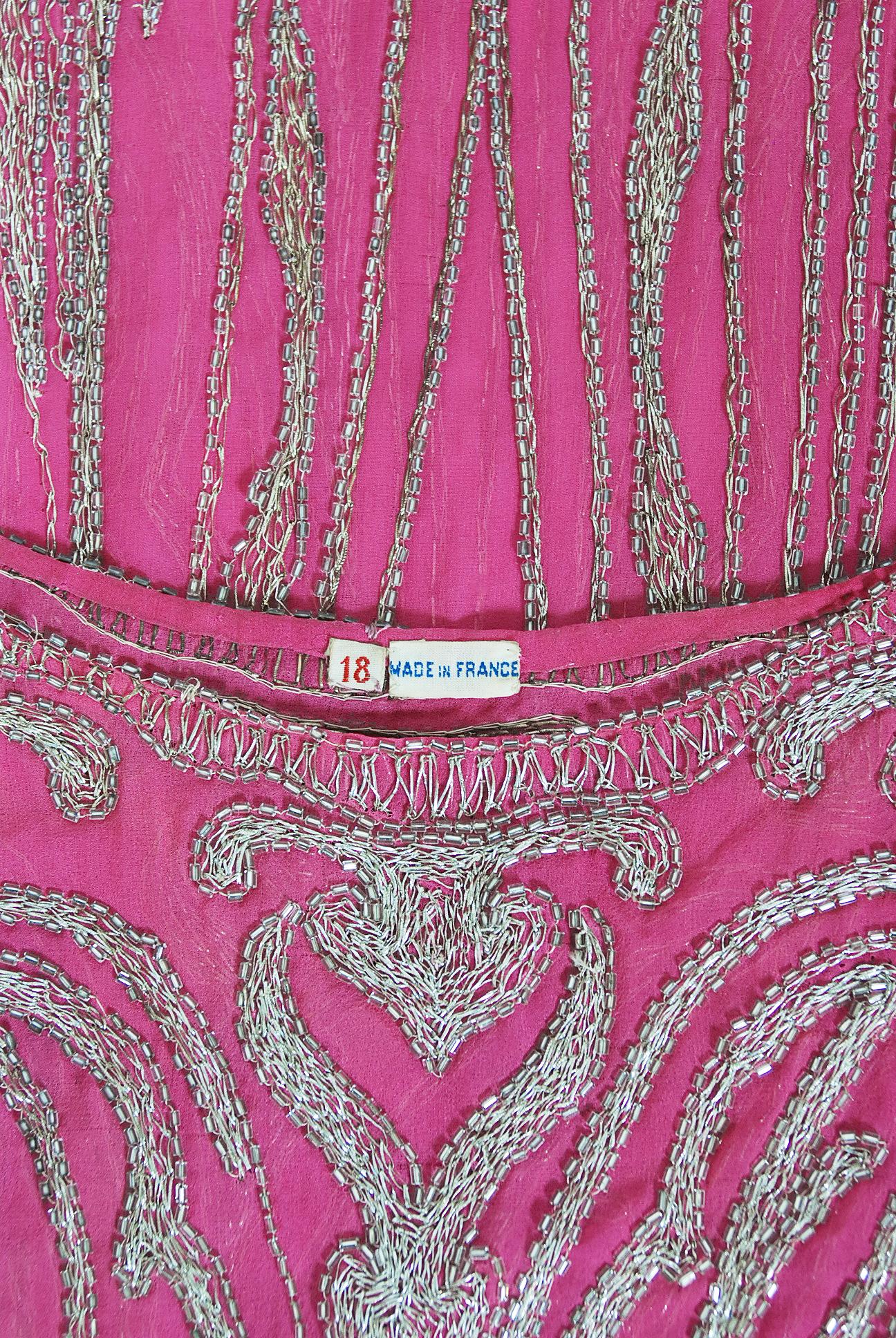 Vintage 1920's French Couture Fuchsia Pink Beaded Embroidered Silk Flapper Dress 5