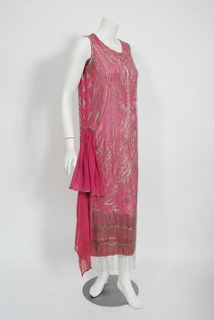 Vintage 1920's French Couture Fuchsia Pink Beaded Embroidered Silk Flapper Dress
