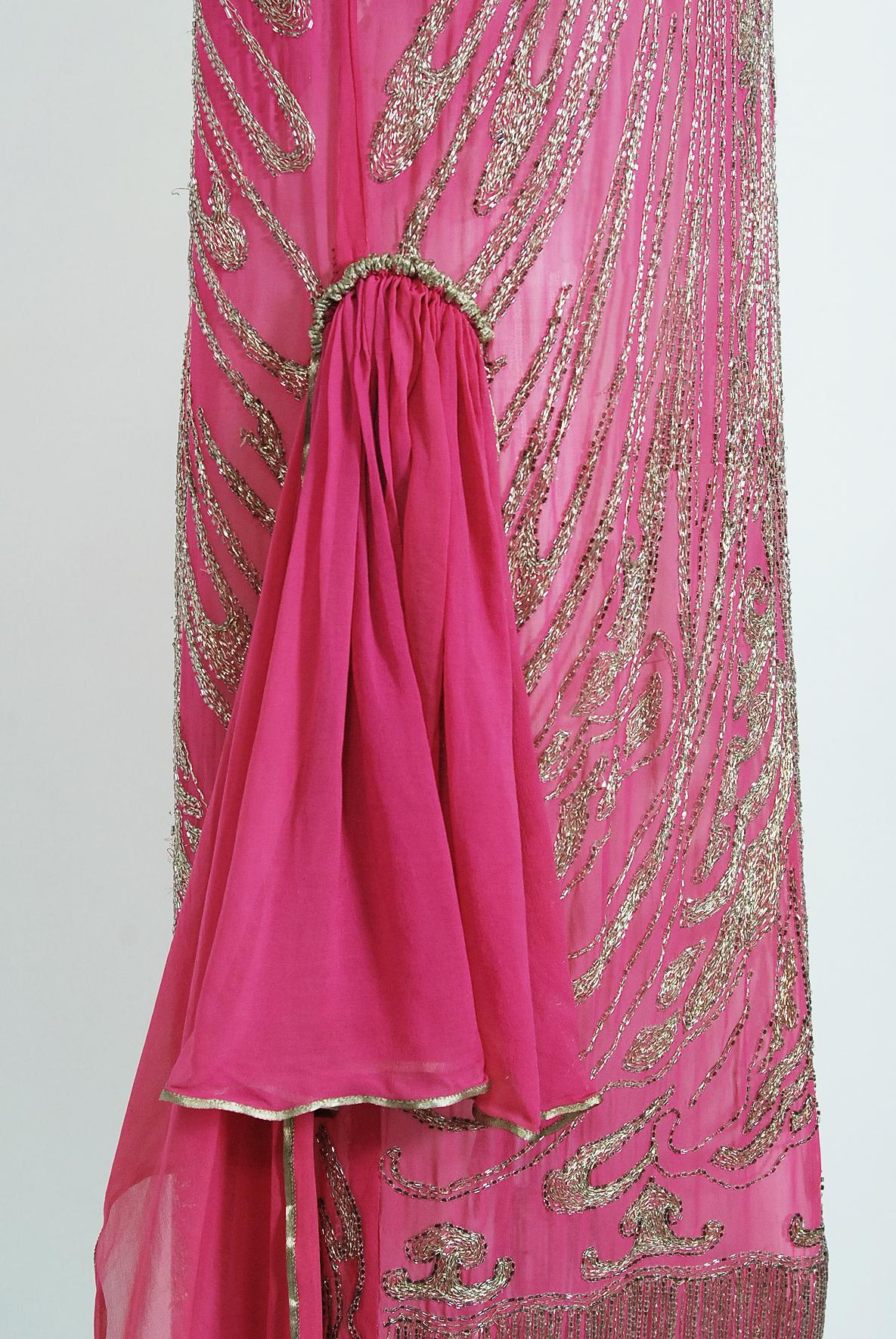 Women's Vintage 1920's French Couture Fuchsia Pink Beaded Embroidered Silk Flapper Dress