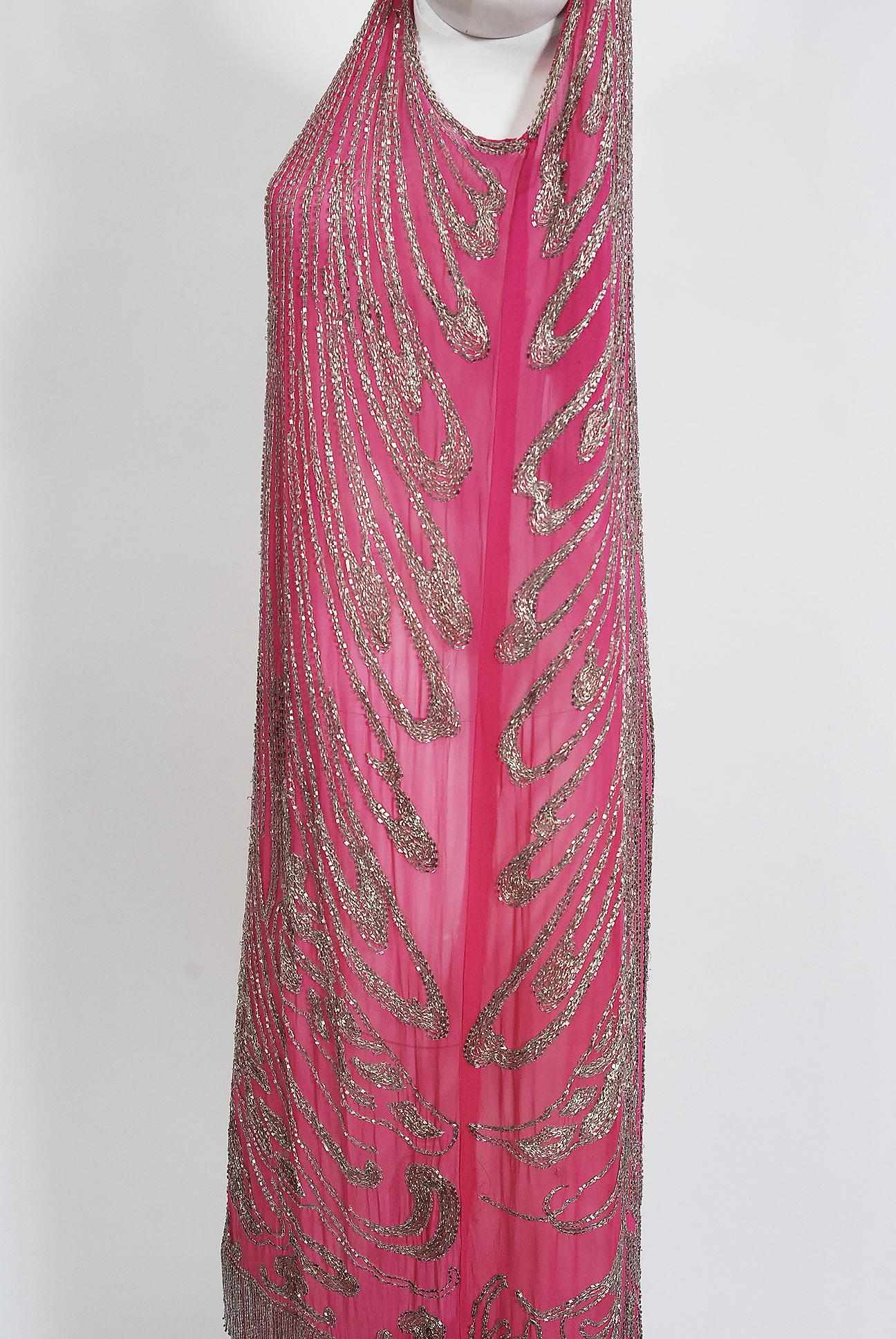 Vintage 1920's French Couture Fuchsia Pink Beaded Embroidered Silk Flapper Dress 1