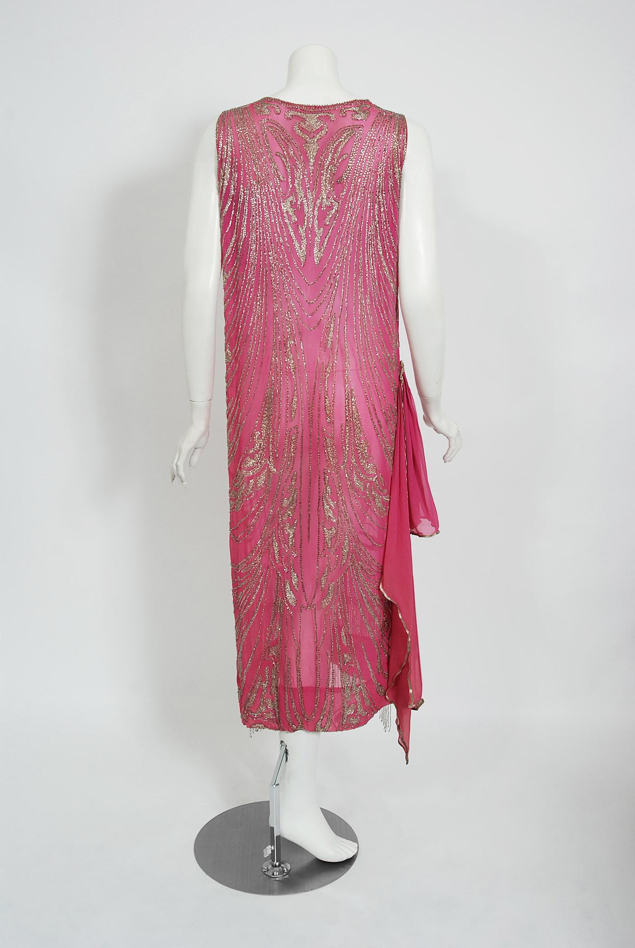 Vintage 1920's French Couture Fuchsia Pink Beaded Embroidered Silk Flapper Dress 2