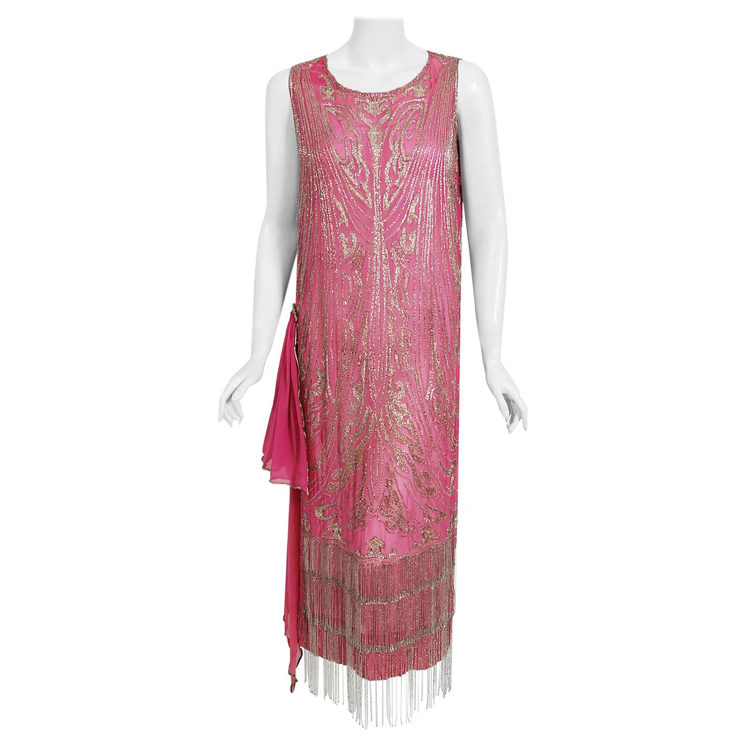 Vintage 1920's French Couture Fuchsia Pink Beaded Embroidered Silk Flapper Dress