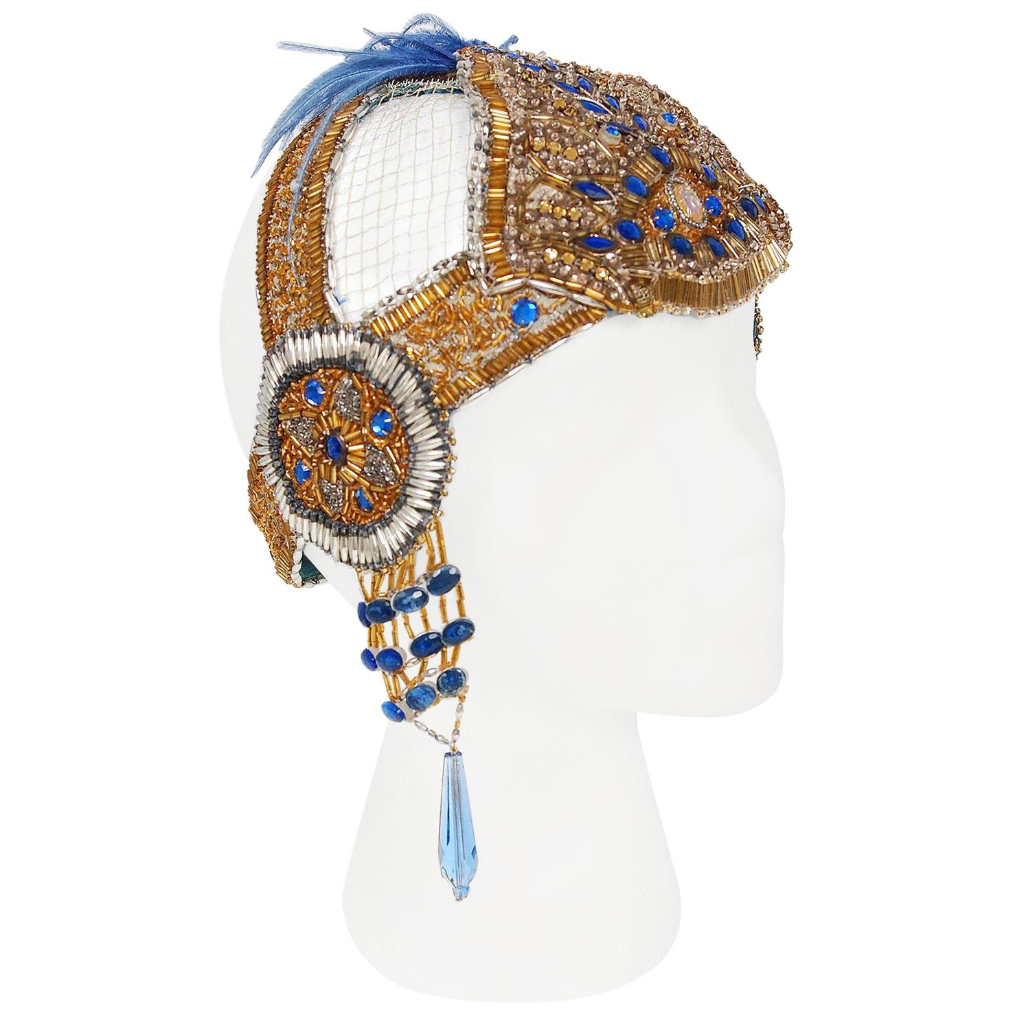 Vintage 1920's French Couture Gold Beaded Blue Jeweled Flapper Crown Headpiece 