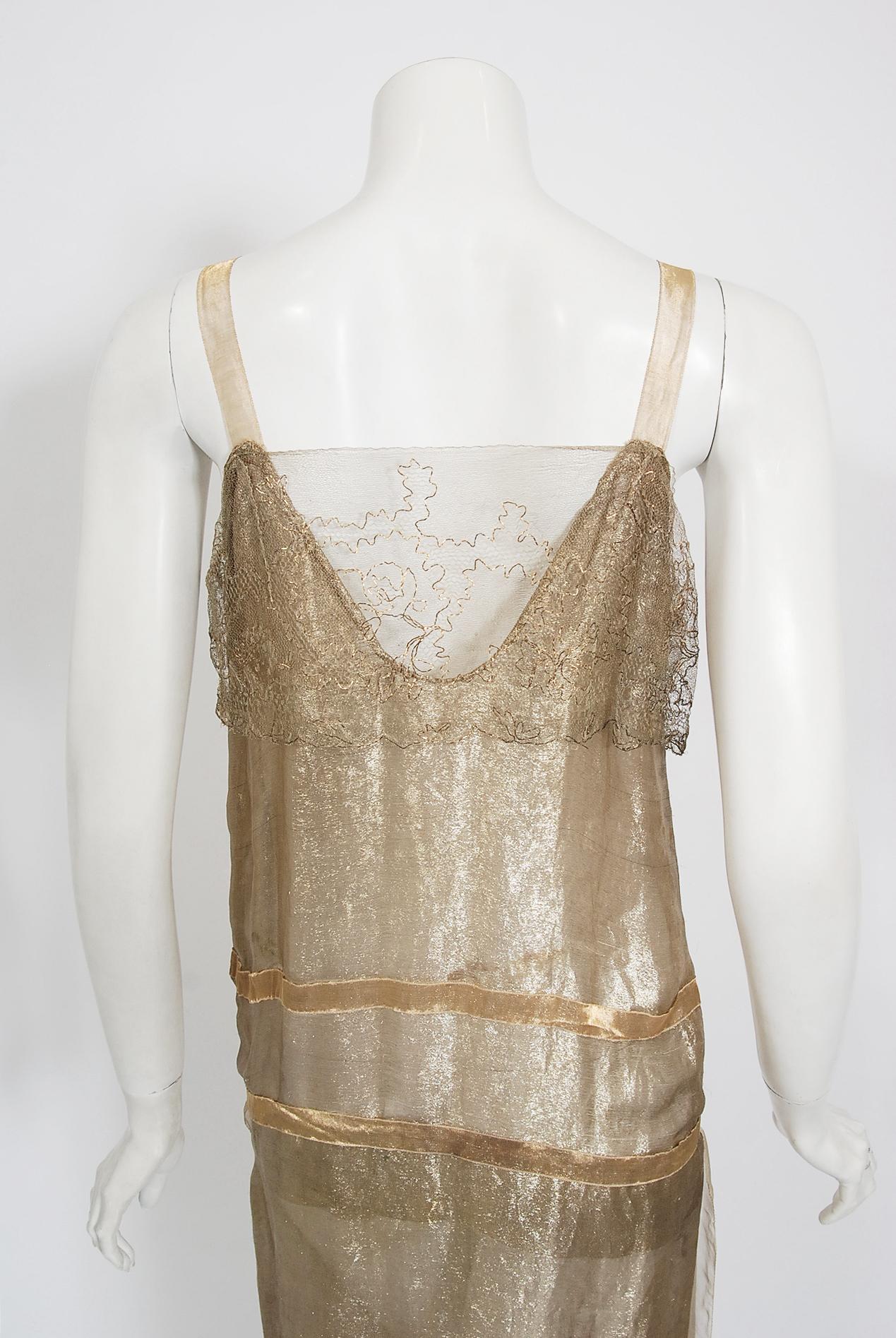 Vintage 1920's French Couture Metallic Gold Embroidered Lamé Draped Dress 3