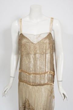 Vintage 1920's French Couture Metallic Gold Embroidered Lamé Draped Dress