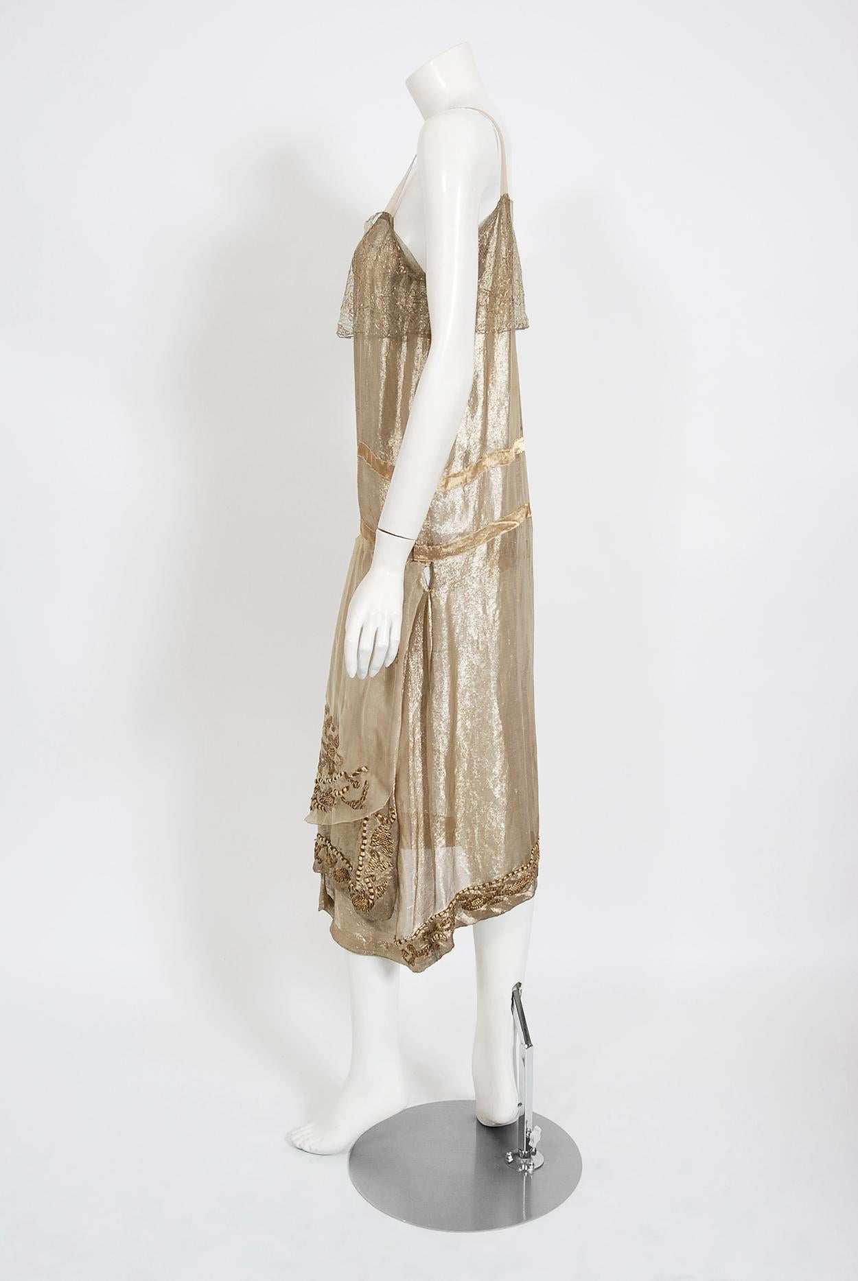 Vintage 1920's French Couture Metallic Gold Embroidered Lamé Draped ...