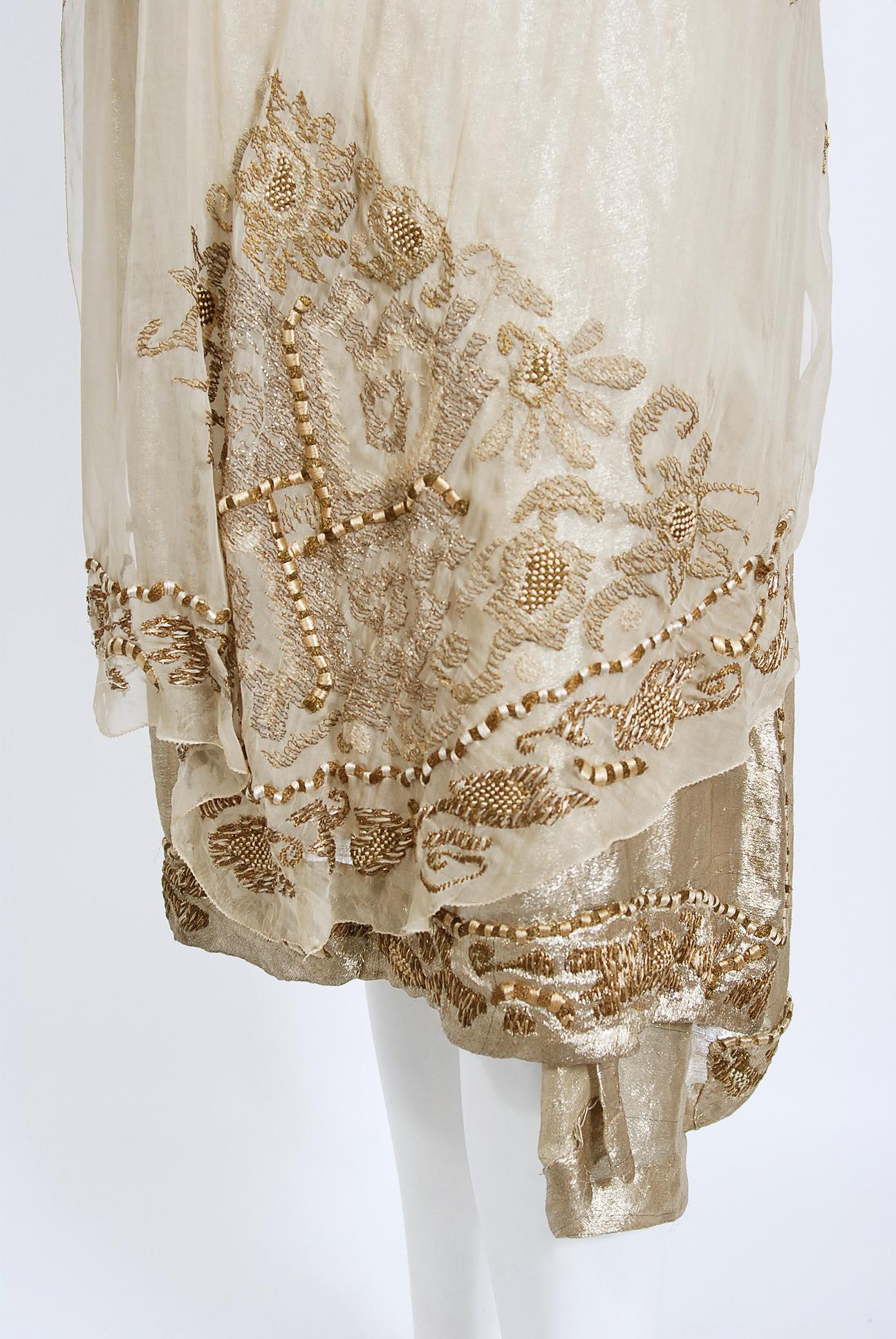 Vintage 1920's French Couture Metallic Gold Embroidered Lamé Draped Dress In Good Condition In Beverly Hills, CA