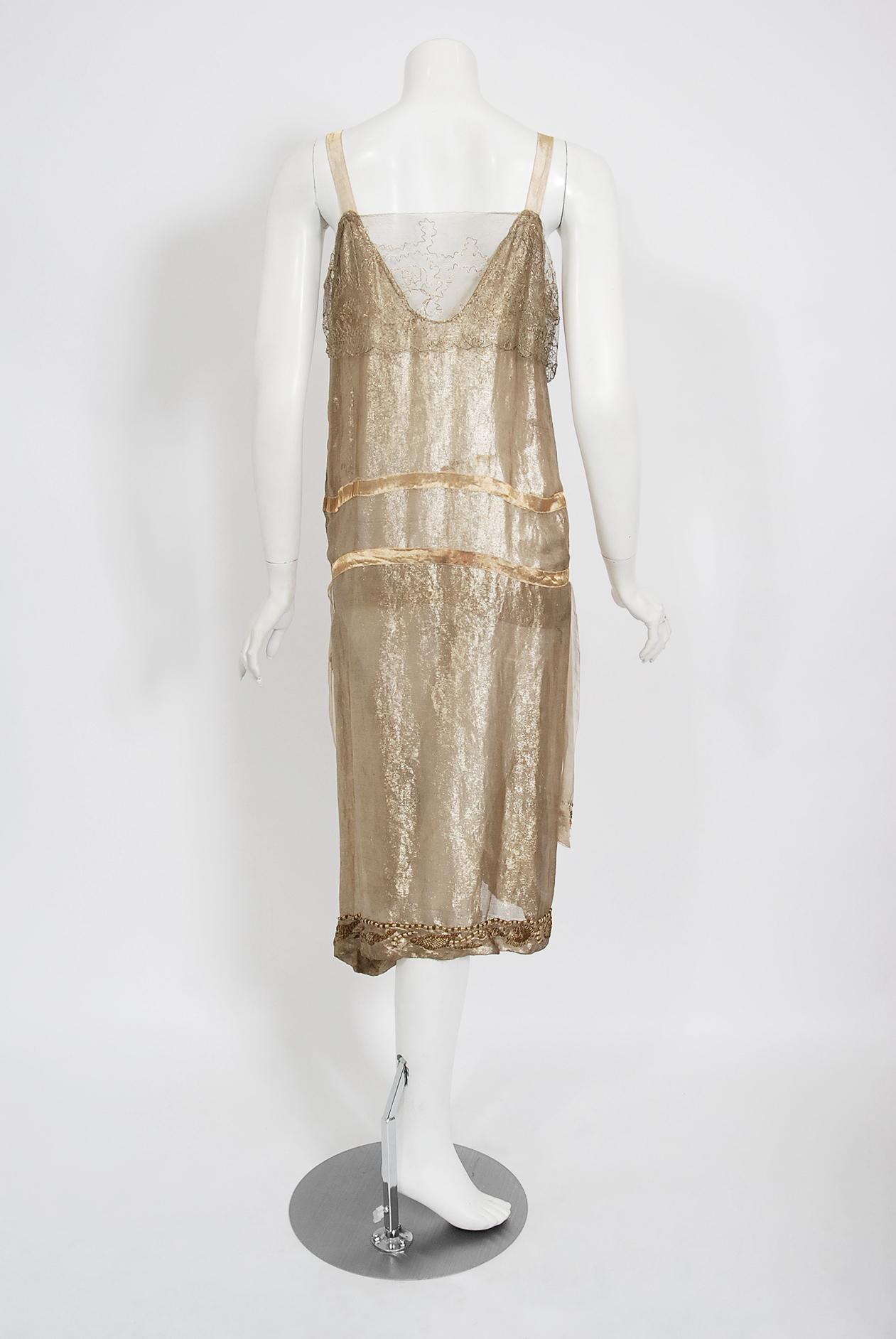 Vintage 1920's French Couture Metallic Gold Embroidered Lamé Draped Dress 2